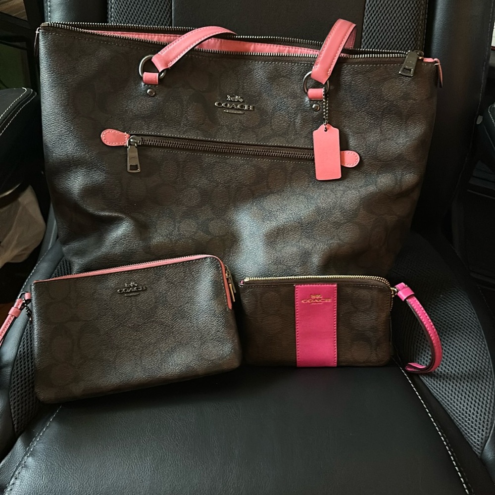 Coach brown and pink purse with two wristlets!